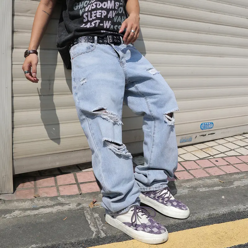 MZNBURAM Men's Ripped Non-Stretch Relaxed Fit Straight-Leg Denim Pants Jeans-Menswear Streetwear Trouser