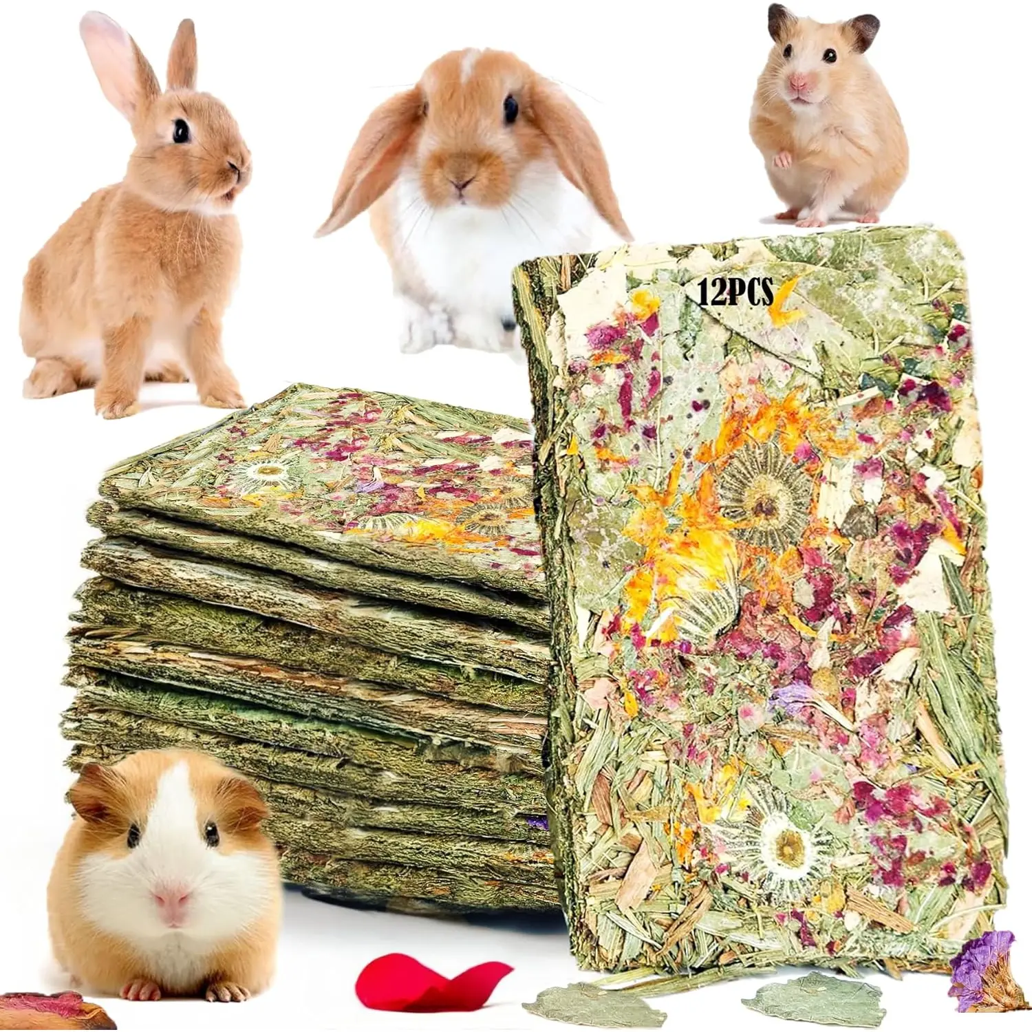 GREMBEB Rabbit Toys 12pcs Bunny Toy Guinea Pig Treats Timothy Hay Chew Toys Chips with Herbal Flowers Hamster Snacks Chinchillas Gerbils for Teeth Apple Sticks Sweet Bamboo