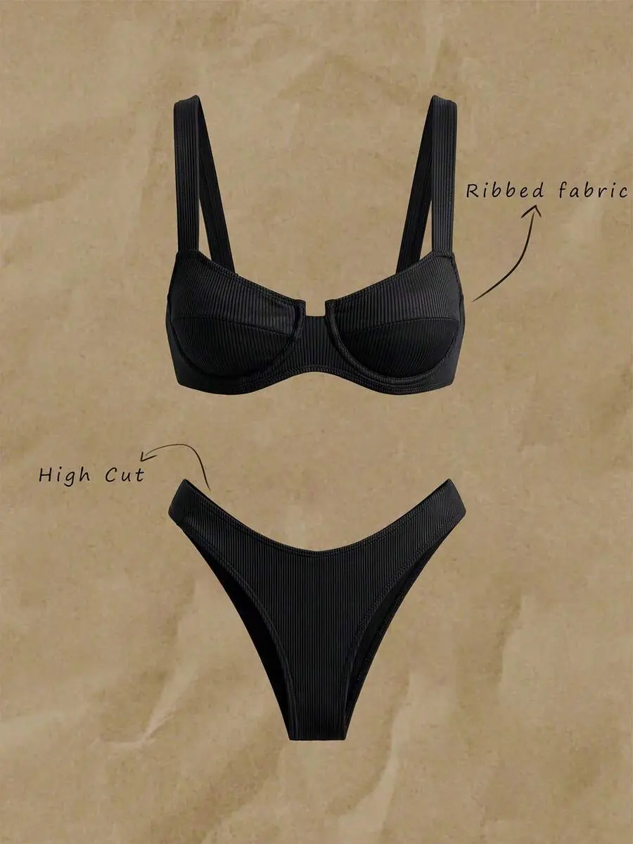 Women's Summer Beach Rib Bikini Set - Underwire Bra, High-Cut Bottom 2-Piece Beach Wear for Poolside Swim, Tie Back Top, High Waist Cut