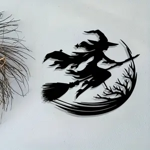 Vintage Iron Witch Broom Wall Art Decor, Halloween & Christmas Indoor Hanging Decoration, Mystical Moon Design, Durable Metal Sculpture, Artwork, Festive Decoration