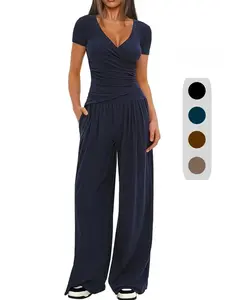 Twopieceset Women's Solid Color Wide Leg, Surplice V-Neck, Short Sleeves,Smocked Elastic Back Waist, Back Keyhole Button Closure, Side Pockets, Drapey Breathable Woven Fabric, Office Work, Cocktail Party & Daily Wear,Elegant Sophisticated Style
