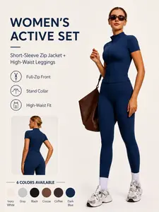 Women's Two-Piece Sportswear Set, Zipper Stand Collar Short Sleeve Top & High Waist Yoga Pants, Soft Skin-Friendly Fitness Clothes, Tracksuit Set, Fitness Outfit, Activewear Set