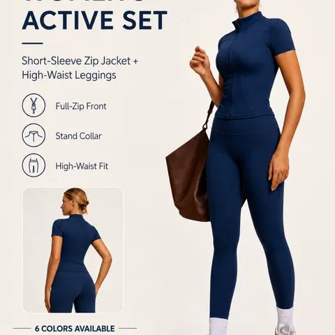Women's Two-Piece Sportswear Set, Zipper Stand Collar Short Sleeve Top & High Waist Yoga Pants, Soft Skin-Friendly Fitness Clothes, Exercise Clothing Set, Fitness Outfit, Activewear Set