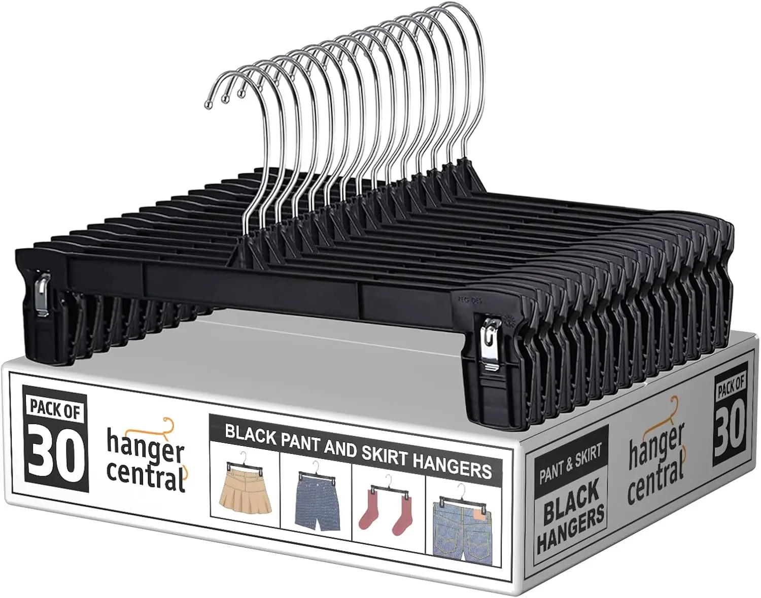 Hanger Central 12 inch 30 Pack Pants Hangers Slim Plastic Clothes Hangers with Clips for Skirts, Shorts & Trousers – Non Slip Grip, Heavy Duty Space...