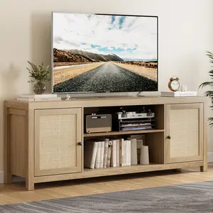 Garvee Bohemian 65-Inch TV Support Stand with Rattan Entertainment Center, Wooden TV Console with Storage, and Multimedia Cabinet for Living Room