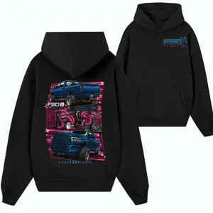 FSD Supply Co. "FSD 8" Midnight Performance Hoodie – Black Heavyweight Streetwear featuring Blue RAM Truck with Electric Pink Engine Detail and Star Graphic Collage
