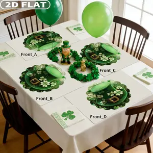 2D FLAT 4pcs Tablecovers St. Patrick's Day Clover Pattern Round Placemats - Machine Washable, 38x38cm/14.69x14.69 Inch Polyester Table Mats with Leprechaun Hat & Shamrock Design for Holiday Dining Decor, Festive Meal Accessory