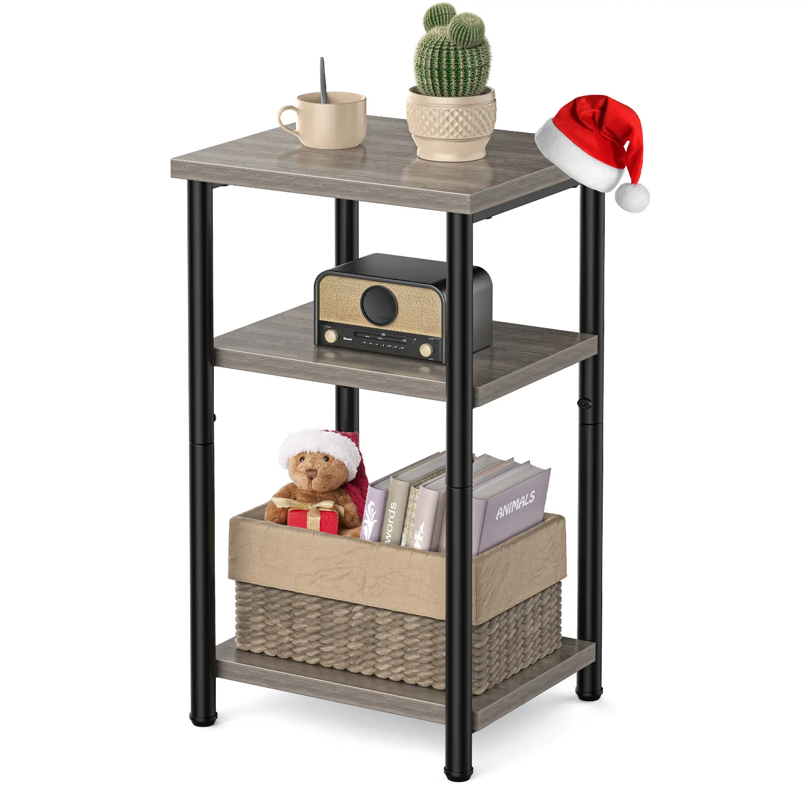 【Deal】Sweet Furniture 3-Tier Square Multi-Tiered End Table Side Table Nightstand with Adjustable Feet, Space-Saving for Bedroom, Living Room Grey, Steel Frame