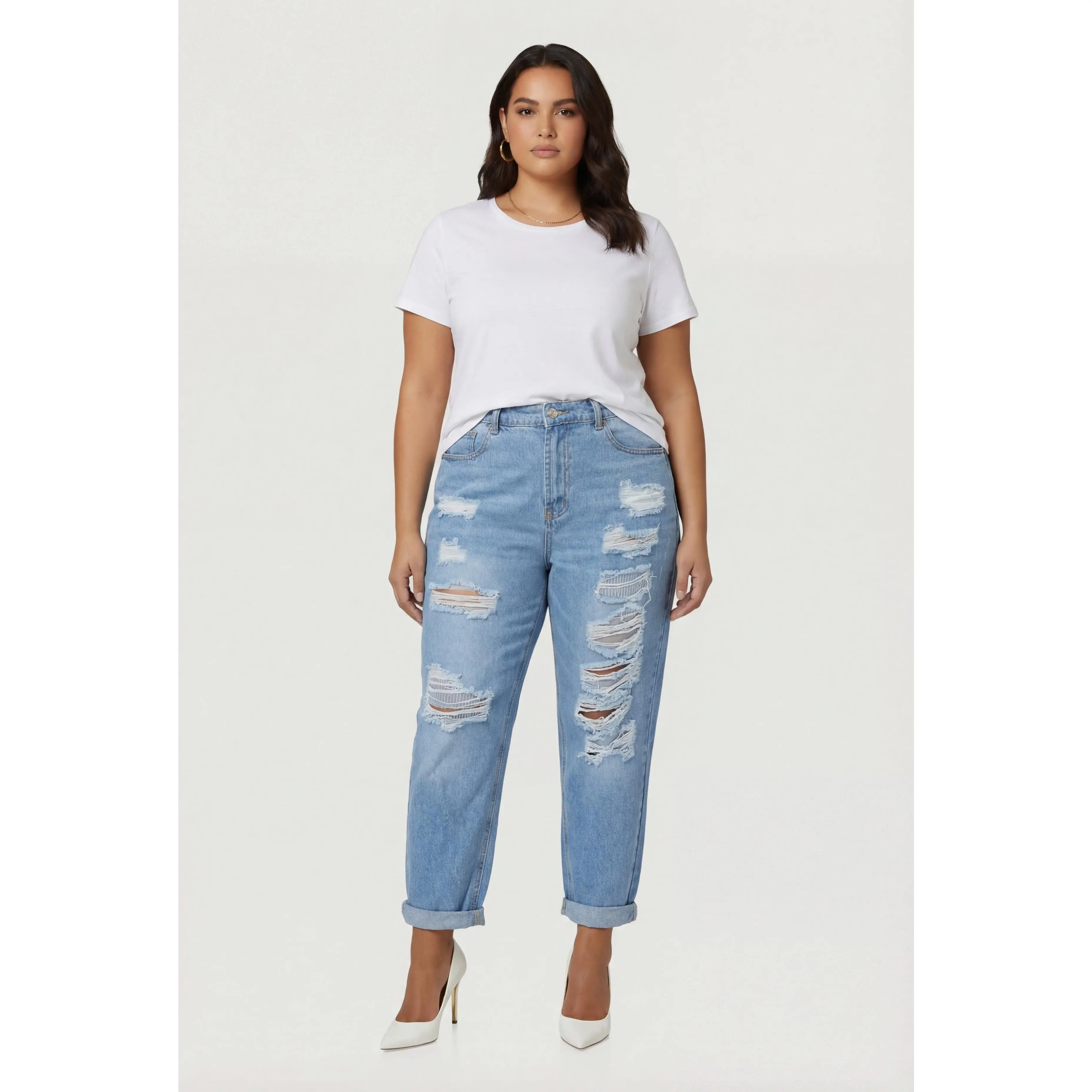 Plus Size WAX Rolled Cuff Distressed Mom Jeans