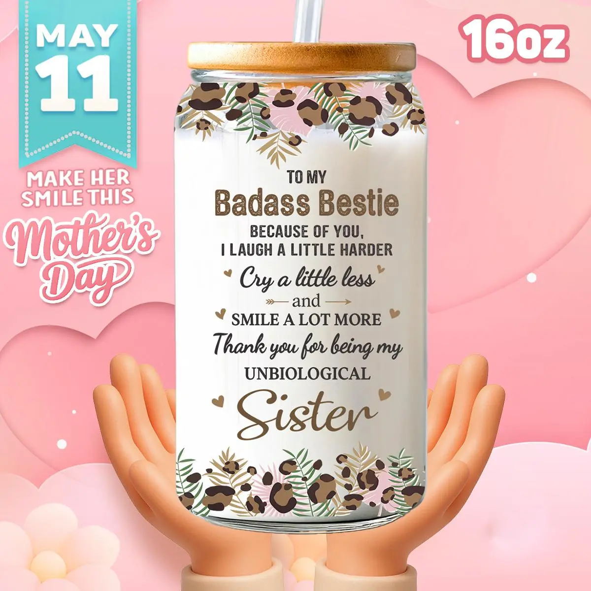 Bestie Iced Coffee Cup - 16oz Clear Glass Can, Friendship Gifts for Women, Best Friends, Soul Sister, Work Bestie, 2 Side Printed With Bamboo Lid And Straw, Perfect Mother's Day, Birthday, Anniversary