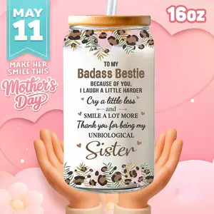 Bestie Iced Coffee Cup - 16oz Clear Glass Can, Friendship Gifts for Women, Best Friends, Soul Sister, Work Bestie, 2 Side Printed With Bamboo Lid And Straw, Perfect Mother's Day, Birthday, Anniversary