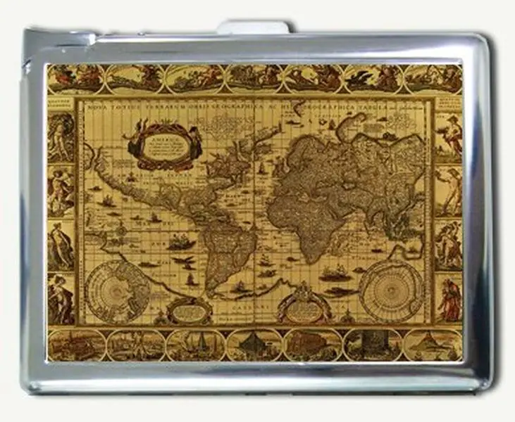 Vintage Style World Map g1 100's Size Case with Built in Lighter Wallet