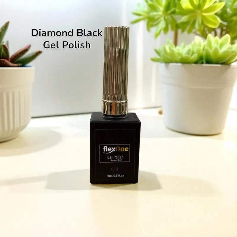 FlexOne Diamond Black Gel Polish - Chrome Applied Directly - Super Shiny Black - 15ml Nail Art Enhancement