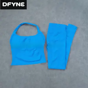 DFYNE seamless square neck vest set, high-waisted pants + bra combo, perfect for a sophisticated yoga and fitness look.