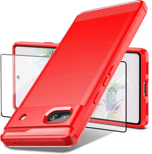 Phone Case Google Pixel 6A Case,Pixel 6a Case with Tempered Glass Screen Protector, Shock-Absorption Brushed Flexible Soft TPU Carbon Fiber Protective Cover for Google Pixel 6a 2022 (LS-Red)