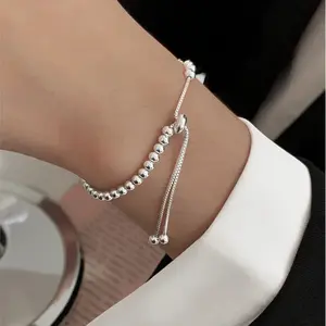 925 Sterling Silver Small Solid Beads Bracelets for Women Girls Elegant Adjustable Simple Bangle Wedding Fashion Jewelry Gifts