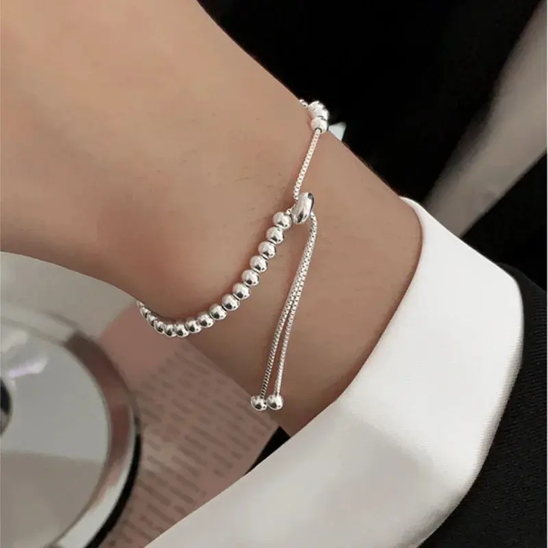 925 Sterling Silver Small Solid Beads Bracelets for Women Girls Elegant Adjustable Simple Bangle Wedding Fashion Jewelry Gifts