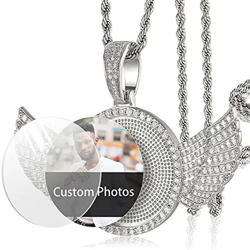 Personalized Custom Memorial Photo Pendant Necklace for Men and Women, Custom Hip Hop Angel Wings Photo Necklace, Unisex