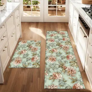 2Pcs Vintage floral watercolor painting Floor mat set including Vintage Runner Rug farmhouse kitchen Rug dining room flooring laundry room decorative carpet mat