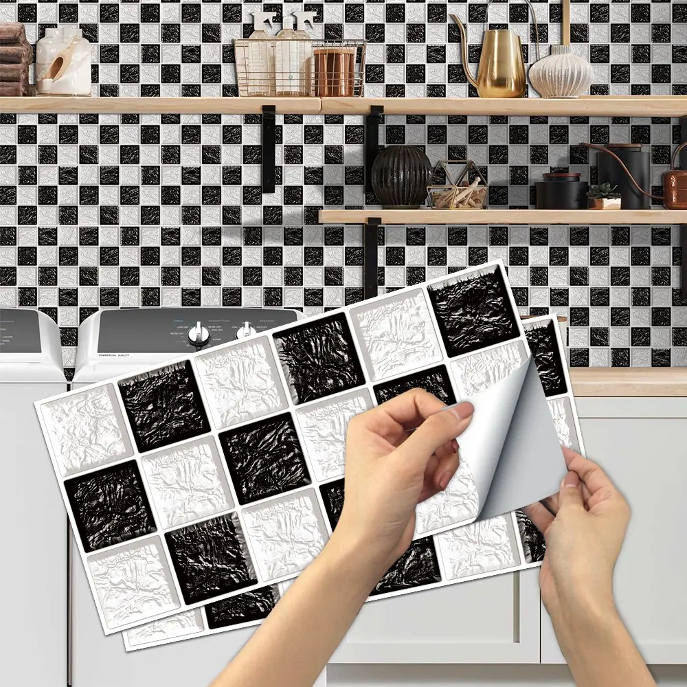 6/12/24/48 PCS FG Retro Tile Stickers Black White Checkered Embossed Pattern PVC Crystal Film Self-Adhesive Waterproof Oil-Proof Splashback for Kitchen Bathroom Floor Tile Wood Home Decoration