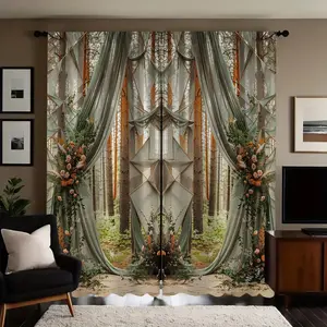 Forest Pattern Door Curtain, 2 Counts/set Semi Blackout Curtain, Window Curtain for Home Living Room Bedroom Kitchen Office Decor, Home Decoration Curtain