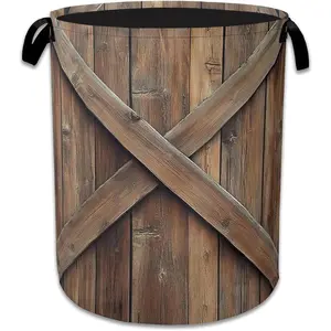 Barn Door Laundry Hamper With Handle,Foldable Oxford Cloth Wooden Laundry Basket,20.8"x16" Clothes Storage Basket for Laundry Room/Bedroom/Bathroom