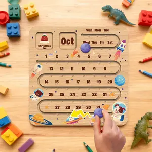 Multi layered Sliding Design Wooden Calendar, Featuring 12 Months and Important Festival Logos, Space Calendar Board, Interactive Daily Calendar Board for Home & Office Decor