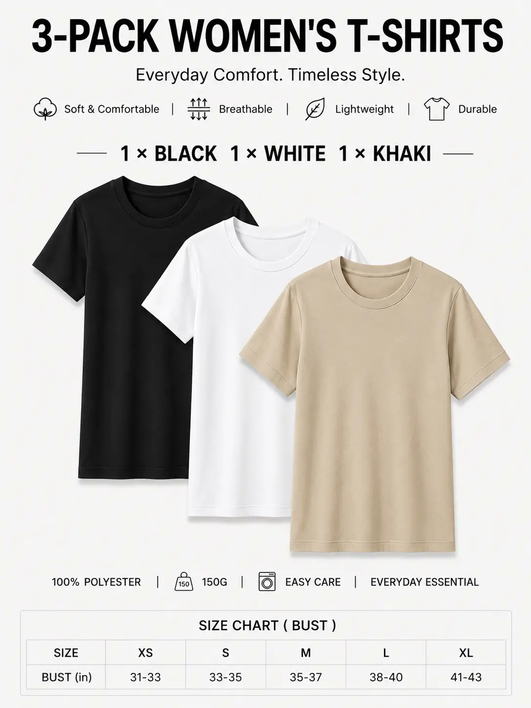 [06-M] Women's 3-Pack Crew Neck Short Sleeve T-Shirts, Breathable Casual Tees