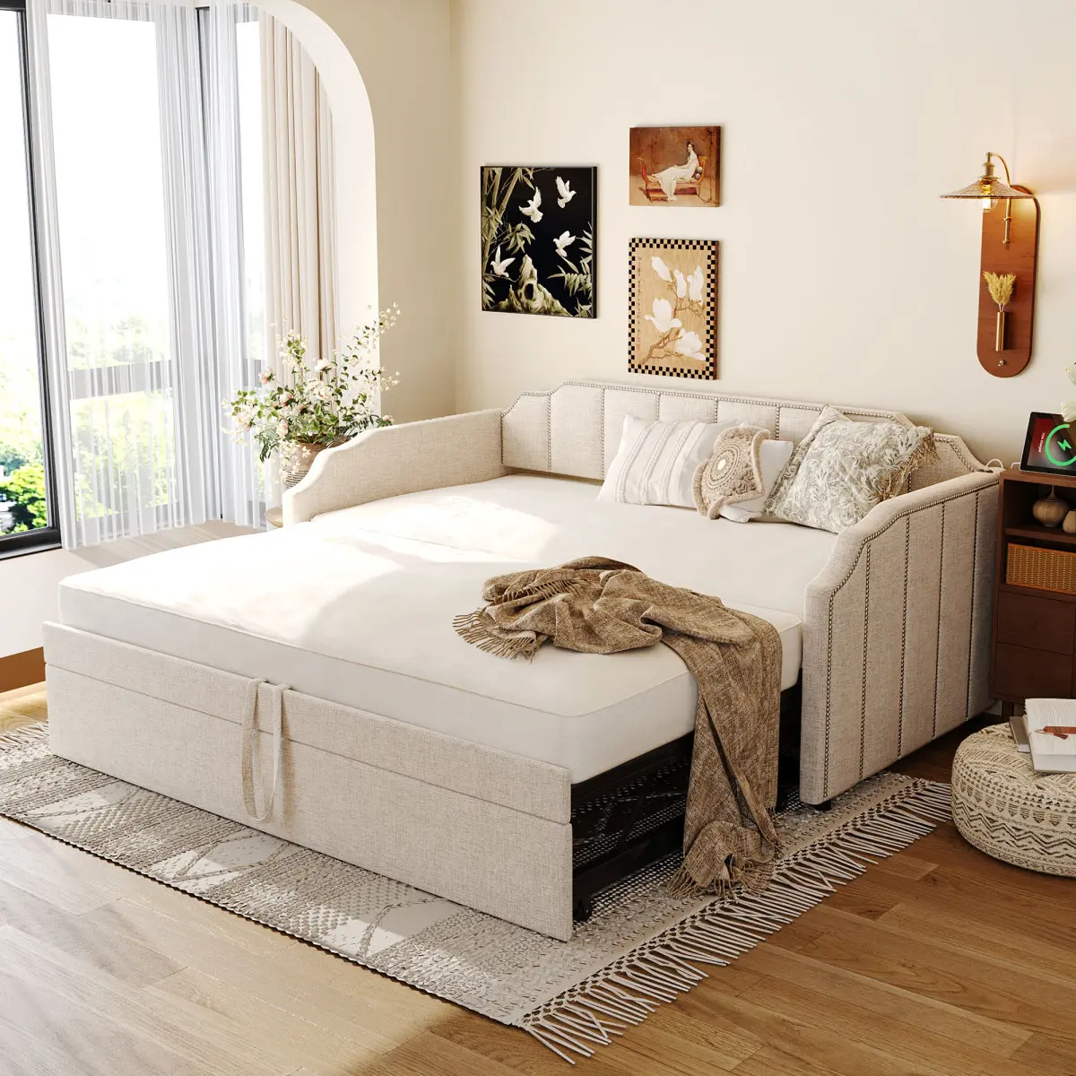 YAOSHANSHAN Twin Size Upholstered Daybed with Raisable Trundle, USB Charging Ports, No Box Spring Required