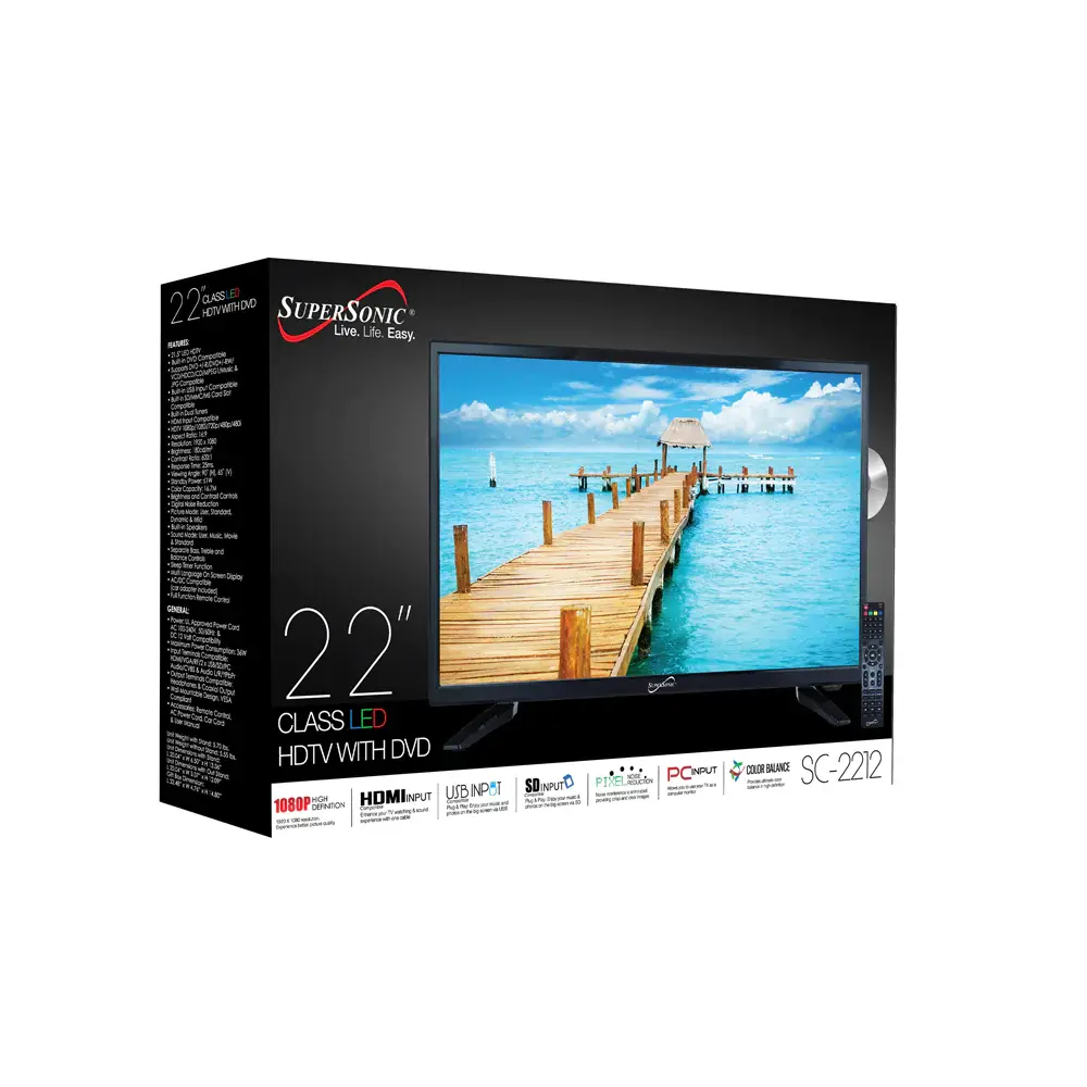 Supersonic SC-2212 22-Inch LED HDTV with 1080p Quality, Built-in DVD Player, HDMI & USB, PC Monitor, AC/DC Compatible - Ideal for RV & Kitchen TVs