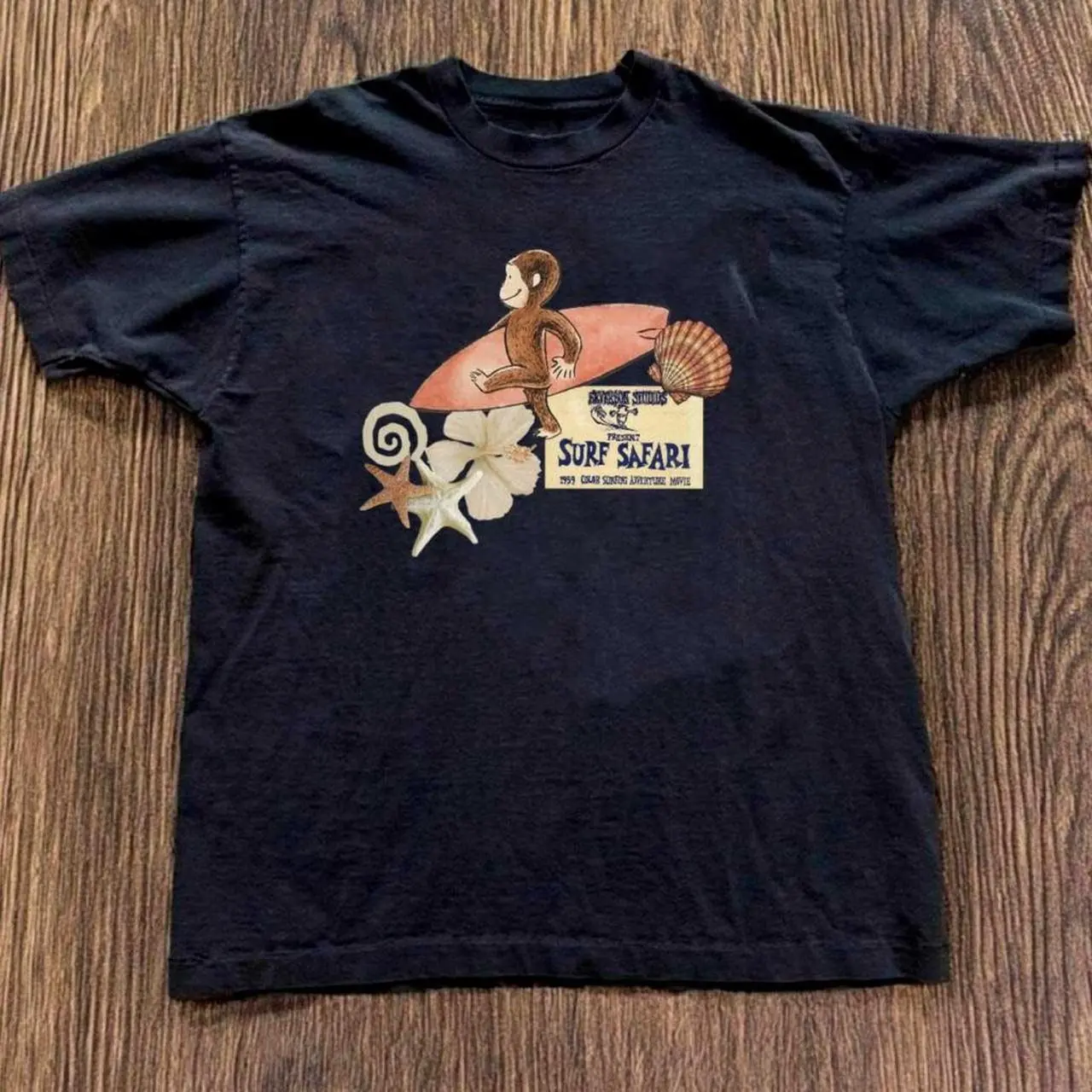 Surf Safari tee with Curious Monkey monkey surfing graphic Vintage y2k Inspired Baby Tee,  aesthetic graphic tshirt, summer tee, 90s,y2k