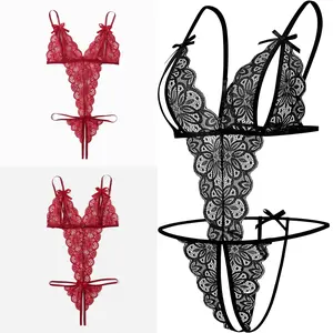 Women Teddy Lingerie, Lace Teddy Bodysuit, Deep V Sexy lingerie, One Piece Adjustable straps and backless Crotchless Bodysuit boudoir nightwear sleepwear Lace open cup Lingerie spaghetti strap Lingerie Outfit