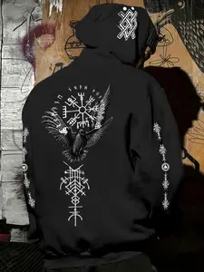 Men's Autumn Winter Viking Culture Mystery Runes Print Graphic Hoodie, Dark Cool Trendy, Eye-Catching, Fitted Casual Style