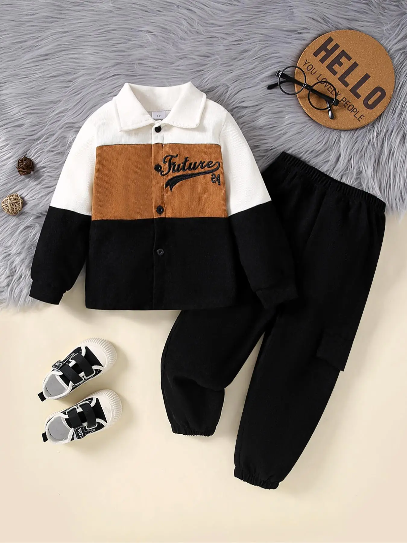 Two-Piece Set Boy's Colorblock Letter Embroidery Button Front Shirt Jacket & Plain Elastic Waist Sweatpants Set, Casual Long Sleeve Collared Outerwear