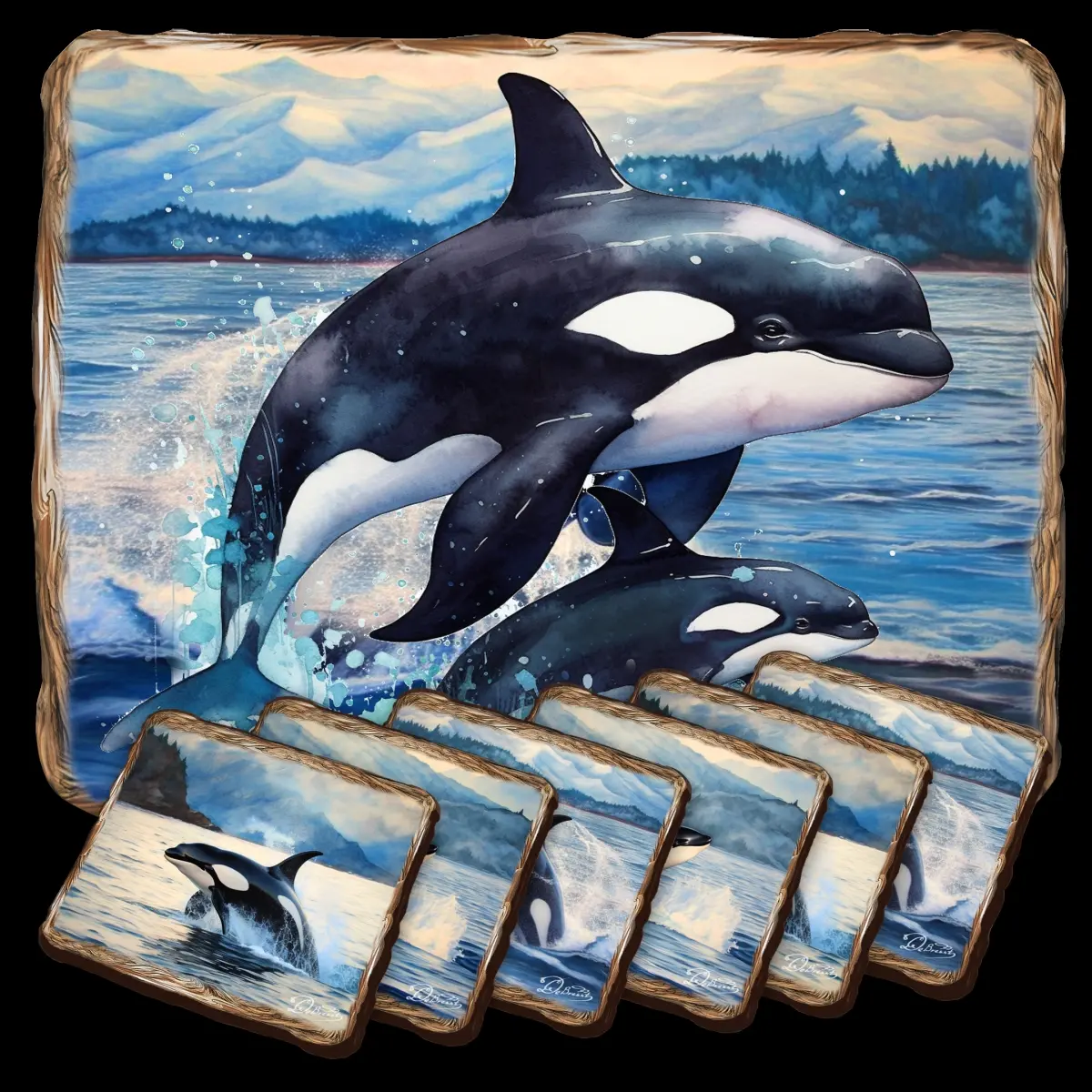 G. Debrekht 85412C-S7 Playful Orcas Wooden Cork Placemat and Coasters Gift Set of 7 by Nature Wonders