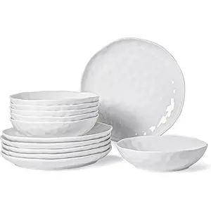 White Dinnerware Set 12 Piece Service for 6, Porcelain Dinnerware Sets, Over Size Sets for Dessert Salad and Pasta, Dishes Set