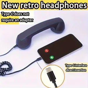 New Type-C Retro Telephone Handset - No Adapter Needed, Ergonomic Design with Manual Volume Control USB-Powered External Phone Device for Smartphones/Tablets and Laps (No Tangle Cables), Modern Accessory, Retro Phone Handset For Cell Phone, Mini Phone, Mi