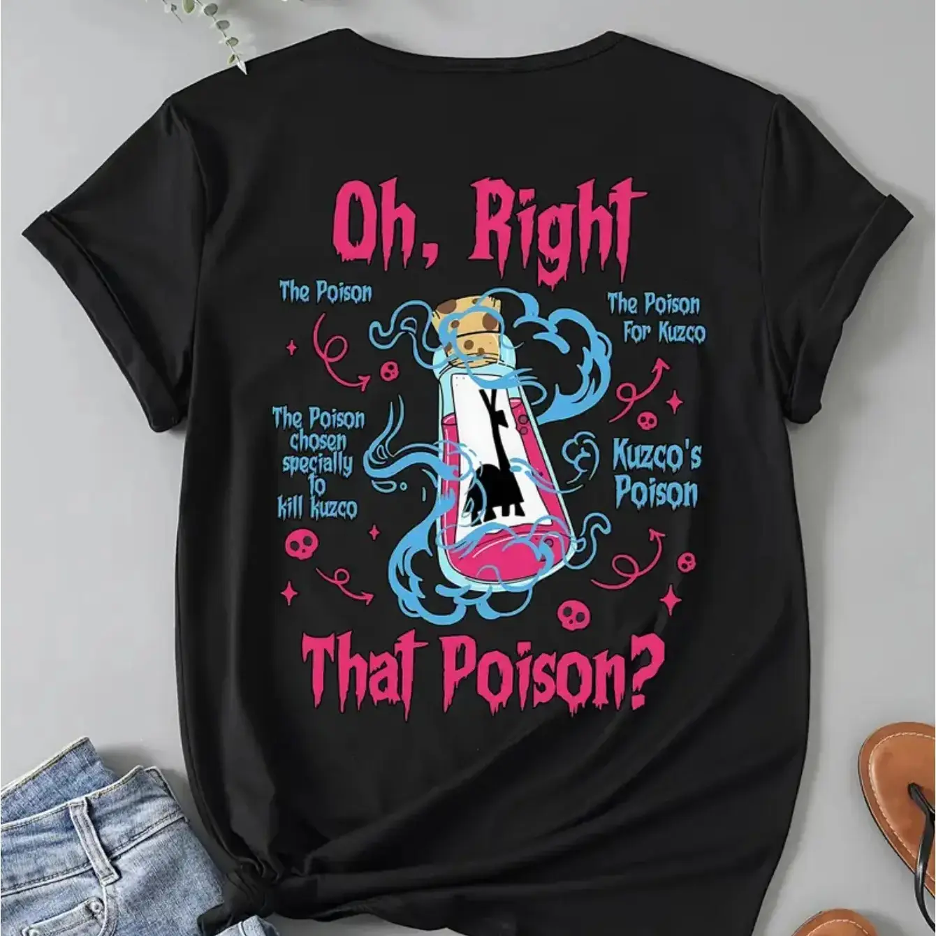 Casual Knit Round Neck Short Sleeve Sports Top - Relaxed Black Tee with Distinctive Poison-Inspired Graphics, "Oh, Right" and "Kuzco's Poison" Prints, Machine-Washable, Ideal for Spring and Summer, Shortsleeve, Tshirt, 100% Cotton, Regular Fit