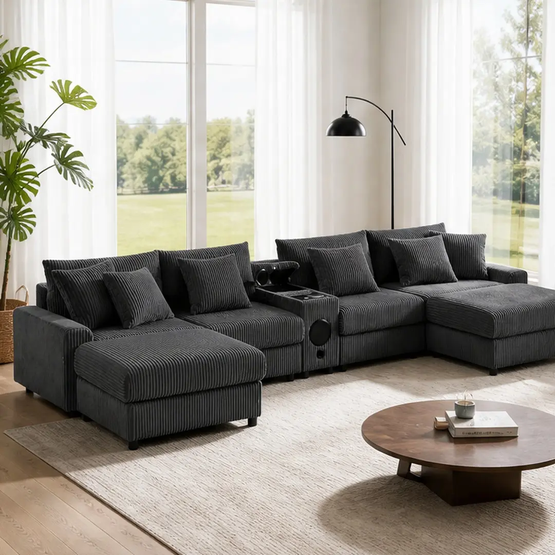 ARCH Modern 4-Seater Armless U-Shaped Corduroy Sectional Sofa Combo - Tech Built-In Bluetooth Speakers, USB Charger, Cup Holders, Storage Ottoman, Deep Seats Cloud Couch, Dark Gray/Cream, 64.00" W x 112.00" D x 32.50" H, 141.5in Length, for Living Room, C