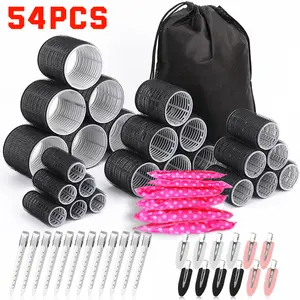 Women's 54PCS Heatless Polka-Dot Hair Rollers Kit - No-Heat Velcro Curling Rollers with Clips, Storage Bag, 4 Sizes for Long, Medium Hair - Damage-Free DIY Bouncy Curls Styling Tool