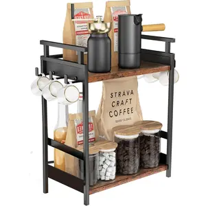2 Tier Coffee Bar Organizer for Home Office, Spice Rack for Countertop, Kitchen Counter Storage Shelf with Hanging Basket, Coffee and Tea Condiment Station Organizer