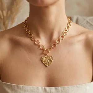 Women's Heart Gold Plated Chunky Chain Necklace Boho Hammered Heart Pendant T-Bar Clasp Fashion Statement Jewelry Daily Party Vacation Wedding Accessories