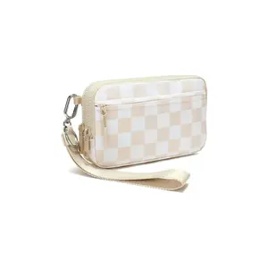 Women's Wrist Wallet Nylon Stitched Purse with 4 Zipper Pockets, Travel Credit Card Holder, Phone Storage Box, Casual Checked Pattern