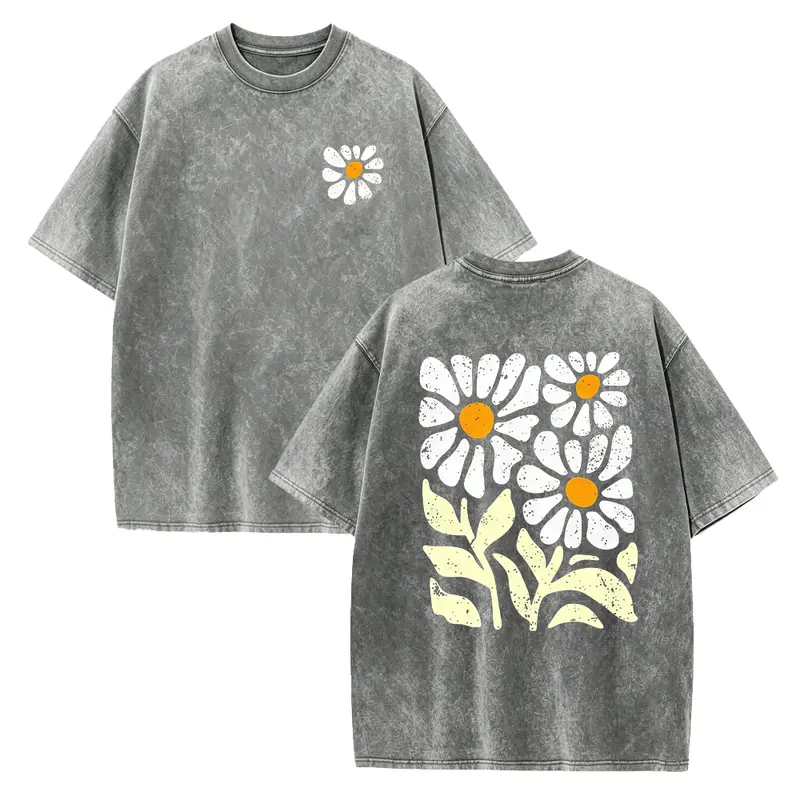 Men'S Vintage Wash Pattern Printed T-shirt - Floral Print Design, Vintage Wash Appearance, Round Neck Short Sleeve, 230g Washed Cotton, Summer Comfort Casual T-shirt, Regular Version, Machine Washable men clothing Menswear Distressed fathersdaygift