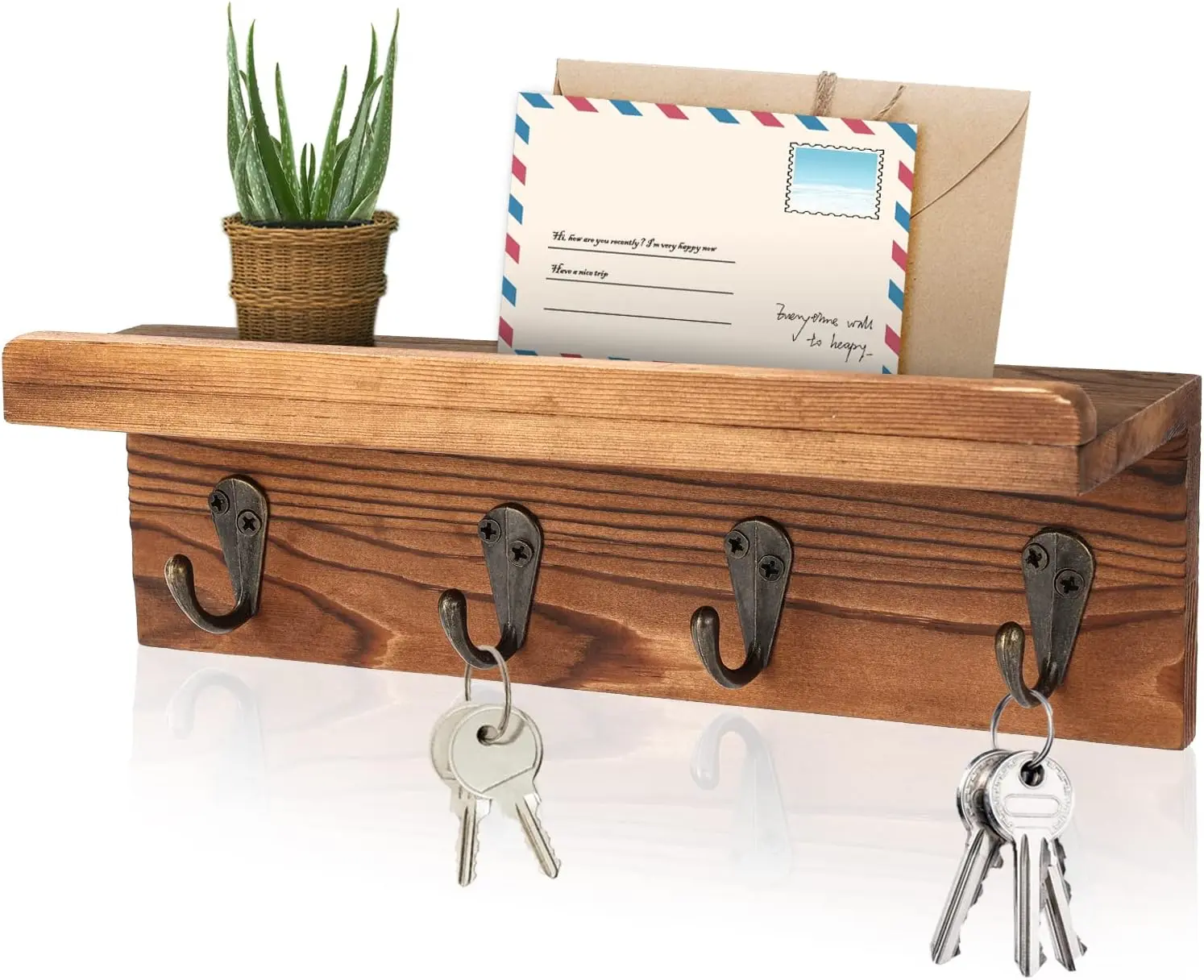 Rustic Key Holder for Wall Farmhouse Wall Shelf with 4 Hooks Wall Mounted Key Racks Wooden Mail Organizer with Hooks for Entryway Brown Pine Decor Nature