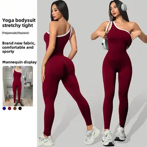 Yoga outfit with cross shoulder straps, color-blocking one-piece jumpsuit, seamless sports fitness all-in-one for women