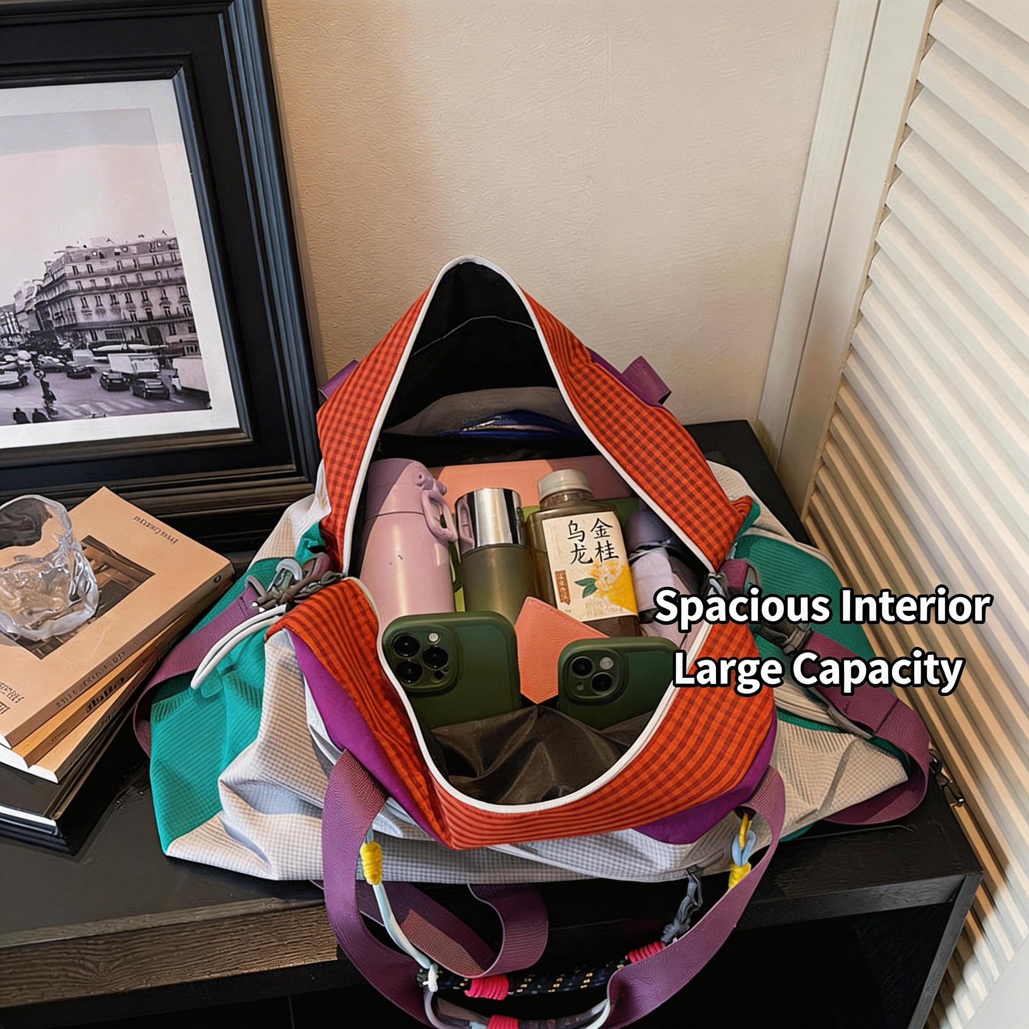 Color blocking splicing travel bag for women, large capacity handheld lightweight storage bag, sports yoga fitness bag, crossbody boarding bag