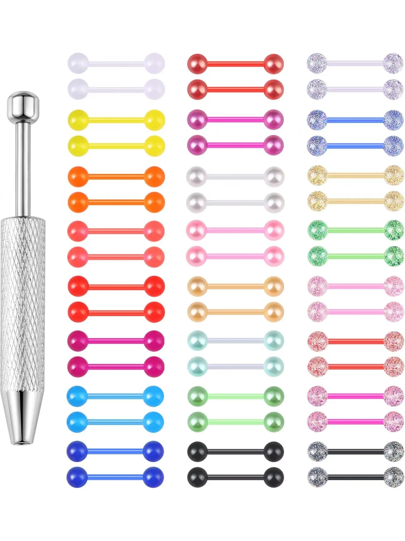 48Pcs 14G Flexible Acrylic Straight Tongue Ring Barbell for Women Pierced Candy Color Tongue Piercing Jewelry 14mm Bar Tongue Rings Piercing Ball Grabber Set Body Jewelry