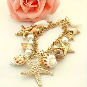 1 fashionable imitation pearl shell bracelet with starfish shell pendant, Bohemian ocean themed summer beach party accessory, bracelet beach pendant, starfish pendant, beach accessory