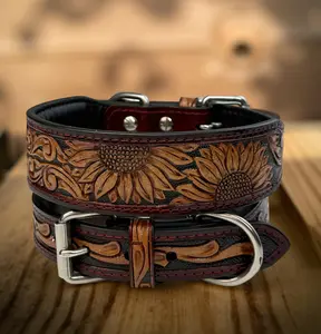Leather Dog Collar Full grain Leather Handmade Tooled Carved 1.5" wide